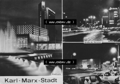 Ansichtskarte Foto-Ansicht DDR, Stadt Karl-Marx-Stadt 1979, Stadthalle bei Nacht, Straße der Nationen, zum herunterladen freigegeben Sammlung