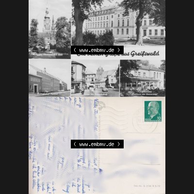 Ansichtskarte mit Ansicht der Stadt Greifswald 1972, Die besten Grüße aus Greifswald, Graphokopie H. Sander, 1071 Berlin . Digitales Bildmaterial von Ansichtskarten... Sammlung