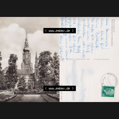 Ansichtskarte mit Ansicht der Stadt Greifswald 1967, Rubenow-Denkmal und St. Nikolaikirche, Verlag Gebr. Garloff KG - Magdeburg. Digitales Bildmaterial von Ansichtskarten... Sammlung