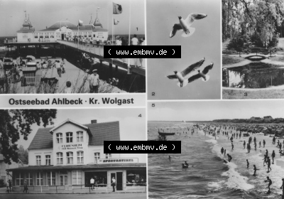 Ansichtskarte der DDR Ahlbeck auf Usedom 1985, Seebrücke, Möwen, Park, Ferienheim, Blick auf den Strand, zum herunterladen freigegeben Sammlung
