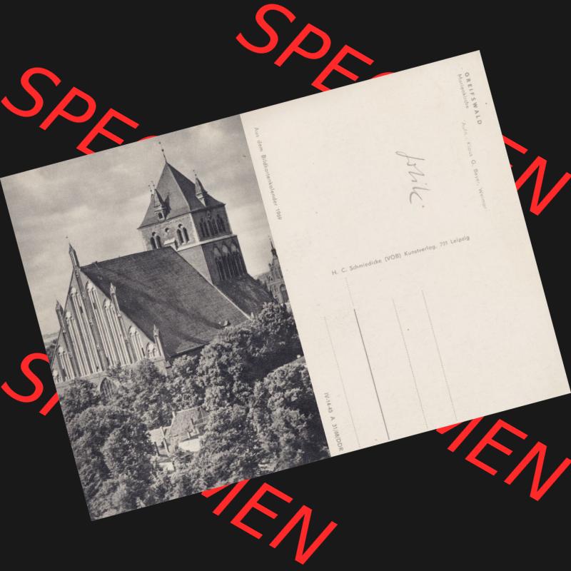 Ansichtskarte mit Ansicht der Stadt Greifswald 1968, Marienkirche in Greifswald, Verlag H.C. Schmiedicke (VOB) Kunstverlag, 701 Leipzig. Digitales Bildmaterial... Sammlung