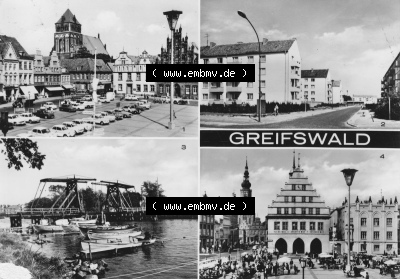 Ansicht der Stadt Greifswald 1971, Mehrbildkarte, Platz der Freundschaft, Max-Hagen-Weg, Wieker Brücke, zum herunterladen freigegeben Sammlung