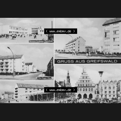 Ansichtskarte mit Ansicht der Stadt Greifswald 1972, Gruß aus Greifswald, Hermann-Lindgren-Oberschule. Digitales Bildmaterial von Ansichtskarten aus der DDR, der Deutschen... Sammlung
