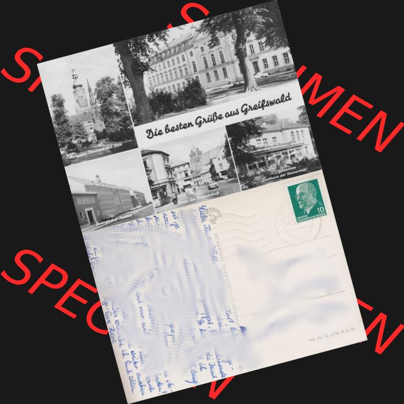 Ansichtskarte mit Ansicht der Stadt Greifswald 1972, Die besten Grüße aus Greifswald, Graphokopie H. Sander, 1071 Berlin . Digitales Bildmaterial von Ansichtskarten... Sammlung