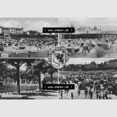 Alte Ansichtskarte der DDR Ahlbeck auf Usedom 1974, Strand, Seebrücke, Vor dem Musikpavillon. Digitales Bildmaterial von Ansichtskarten aus der DDR, der Deutschen Demokratischen... Sammlung