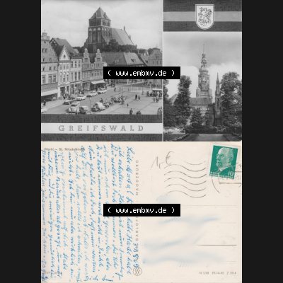 Ansichtskarte mit Ansicht der Stadt Greifswald 1968-1969, Markt - St. Nikolaikirche, Gebr. Garloff KG - Magdeburg. Digitales Bildmaterial von Ansichtskarten aus der DDR,... Sammlung