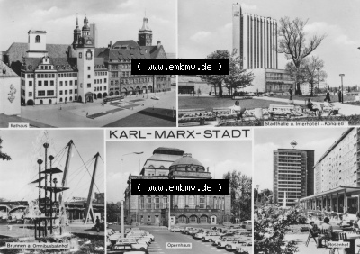Ansichtskarte Foto-Ansicht DDR, Stadt Karl-Marx-Stadt 1979, Rathaus, Stadthalle, Opernhaus, Brunnen am Ommibus-bahnhof, zum herunterladen... Sammlung