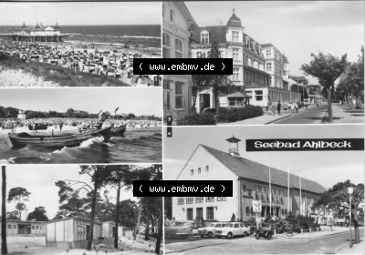 Ansichtskarte der DDR Ahlbeck auf Usedom 1974, Bungalowdort, Haus der Erholung, Mehrbildkarte, Planet-Verlag Berlin, zum herunterladen... Sammlung