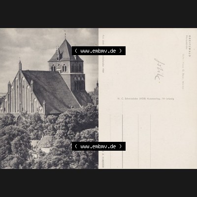 Ansichtskarte mit Ansicht der Stadt Greifswald 1968, Marienkirche in Greifswald, Verlag H.C. Schmiedicke (VOB) Kunstverlag, 701 Leipzig. Digitales Bildmaterial... Sammlung
