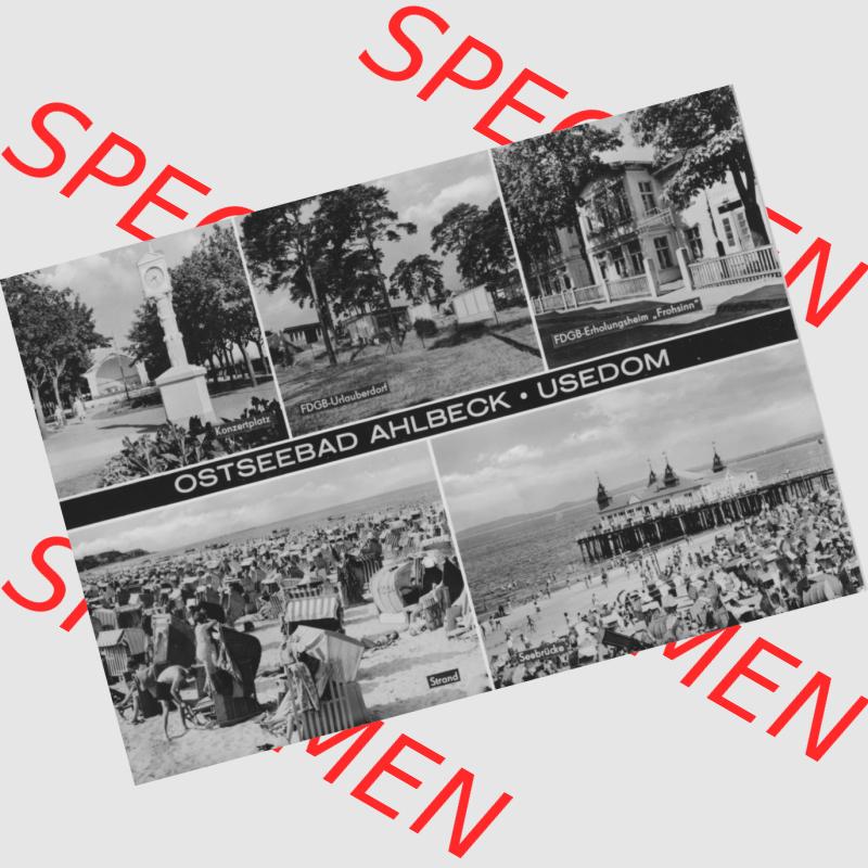 Alte Ansichtskarte der DDR Ahlbeck auf Usedom 1975, Konzertplatz, Urlauberdorf, Erholungsheim Frohsinn. Digitales Bildmaterial von Ansichtskarten aus der DDR, der Deutschen... Sammlung