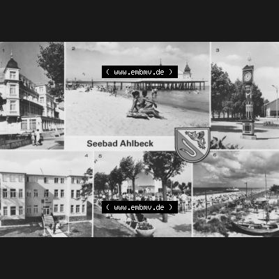 Alte Ansichtskarte der DDR Ahlbeck auf Usedom 1962, Mehrbildkarte, Stranduhr von Ahlbeck am Meer. Digitales Bildmaterial von Ansichtskarten aus der DDR, der Deutschen Demokratischen... Sammlung
