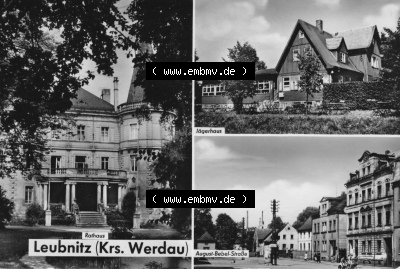 Erhard Neubert KG - Karl-Marx-Stadt, 3-Bildkarten, 1970er Jahre, 1971, Leubnitz Kreis Werda mit Rathaus, Jägerhaus und August-Bebel-Straße... Sammlung