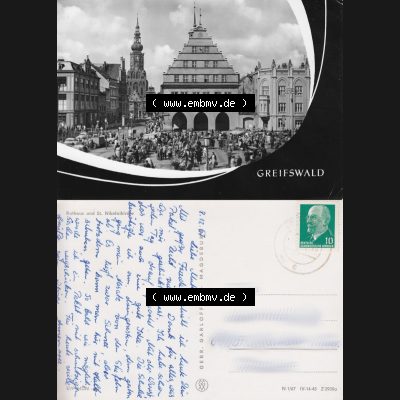 Ansichtskarte mit Ansicht der Stadt Greifswald 1967, Rathaus und St. Nikolaikirche, Verlag Gebr. Garloff KG - Magdeburg. Digitales Bildmaterial von Ansichtskarten aus der... Sammlung