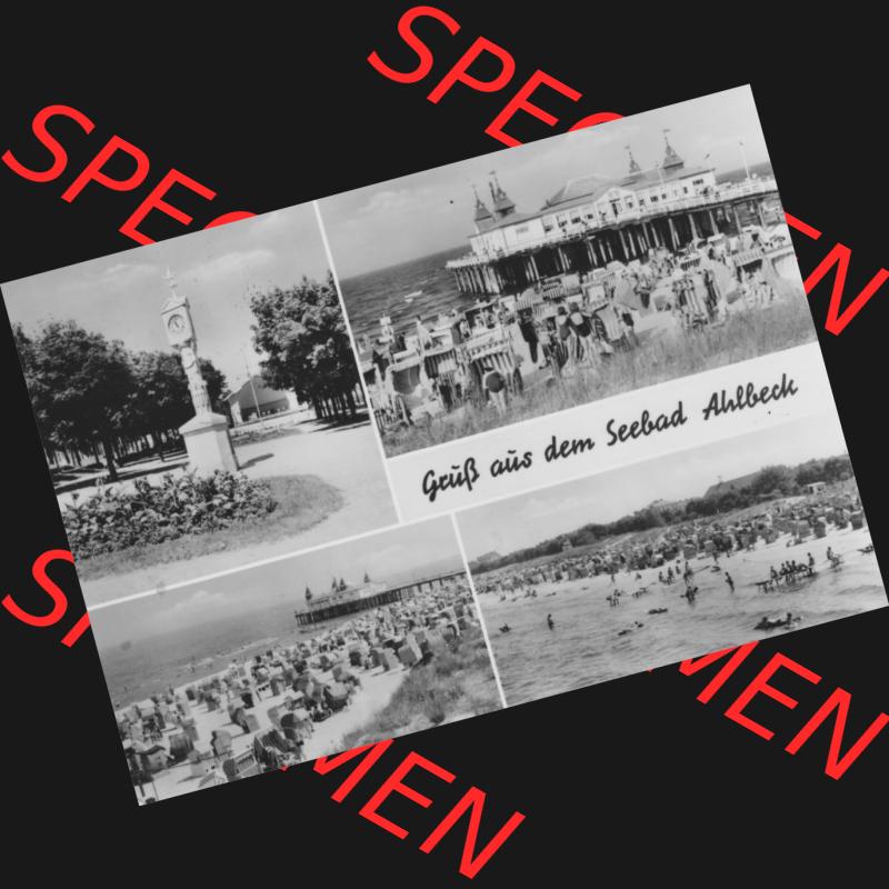 Alte Ansichtskarte der DDR Ahlbeck auf Usedom 1972, Stranduhr, Seebrücke, Strand, VEB Graphokopie - 1071 Berlin. Digitales Bildmaterial von Ansichtskarten aus der DDR,... Sammlung