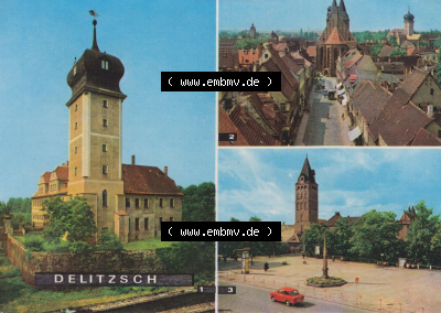 Heldge-Farbfotoverlag Köthen/Anhalt, 3-Bild Mehrbildkarten der DDR Bezirke der 1960er Jahre, 1969, Delitzsch, Ehemaliges Schloss,... Sammlung