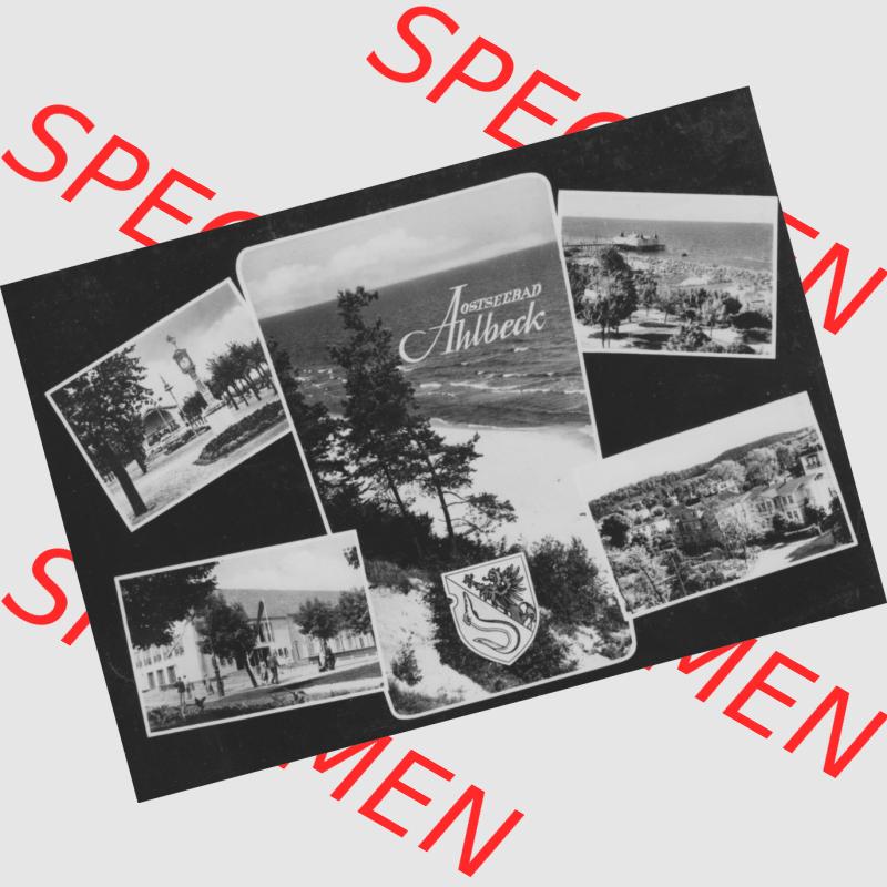 Alte Ansichtskarte der DDR Ahlbeck auf Usedom 1963, Schwarzweiß, Mehrbildkarte. Digitales Bildmaterial von Ansichtskarten aus der DDR, der Deutschen Demokratischen Republik,... Sammlung