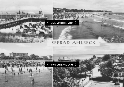 Ansichtskarte der DDR Ahlbeck auf Usedom 1979, Sebrücke mit HO-Gaststätte, Blick nach Seebad Heringsdorf, zum herunterladen... Sammlung