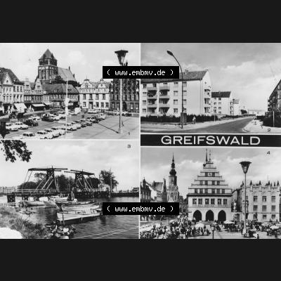 Ansichtskarte mit Ansicht der Stadt Greifswald 1971, Mehrbildkarte, Platz der Freundschaft, Max-Hagen-Weg, Wieker Brücke. Digitales Bildmaterial von Ansichtskarten aus... Sammlung