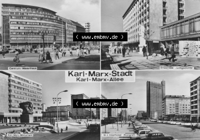 Ansichtskarte Foto-Ansicht DDR, Stadt Karl-Marx-Stadt 1983, Zentrum-Warenhaus, Ensemble - Lobgedichte, Karl-Marx-Monument, zum... Sammlung