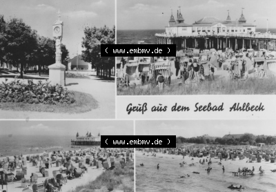 Ansichtskarte der DDR Ahlbeck auf Usedom 1972, Stranduhr, Seebrücke, Strand, VEB Graphokopie - 1071 Berlin, zum herunterladen... Sammlung