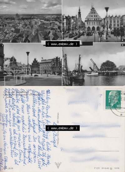 Ansicht der Stadt Greifswald 1971, Platz der Freundschaft mit Rathaus, Hafen, Heldge-Verlag KG - 437 Köthen, zum herunterladen... Sammlung