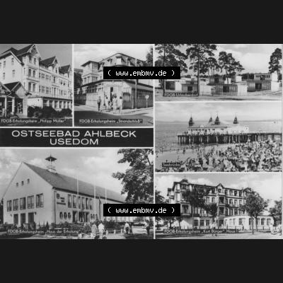 Alte Ansichtskarte der DDR Ahlbeck auf Usedom 1974, FDGB-Urlauberdorf und FDGB-Erholungsheime. Digitales Bildmaterial von Ansichtskarten aus der DDR, der Deutschen Demokratischen Republik,... Sammlung