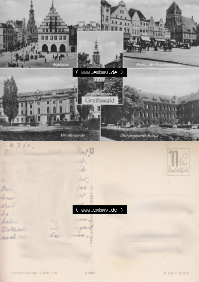 Ansicht der Stadt Greifswald 1960, Greifswalder Rathaus, Platz der Freundschaft, Universität, Verlag Erhard Neubert KG, zum herunterladen... Sammlung