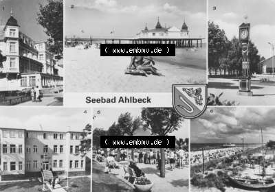 Ansichtskarte der DDR Ahlbeck auf Usedom 1962, Mehrbildkarte, Stranduhr von Ahlbeck am Meer, zum herunterladen freigegeben Sammlung
