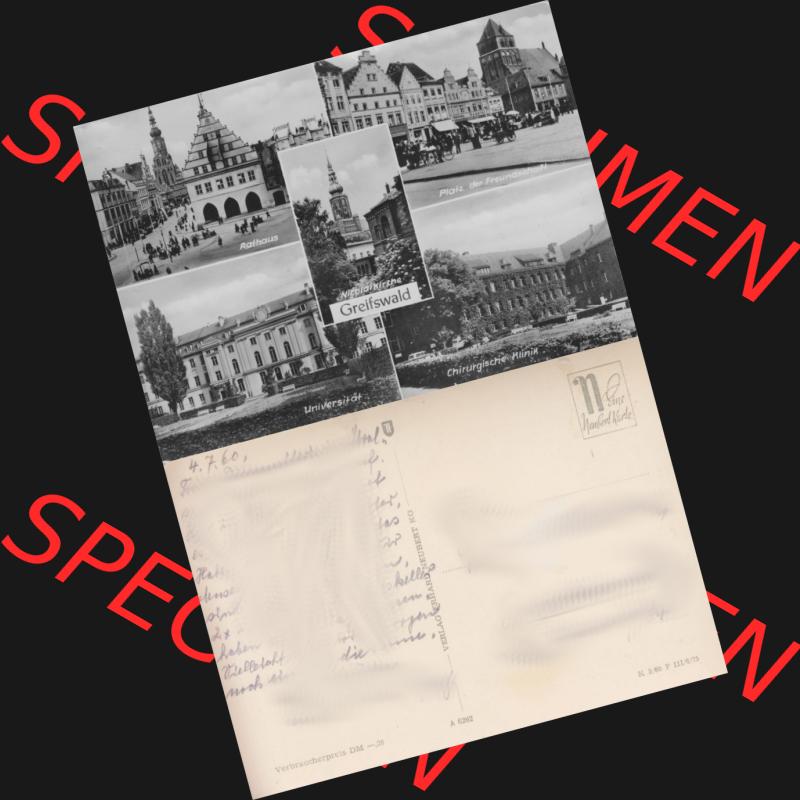 Ansichtskarte mit Ansicht der Stadt Greifswald 1960, Greifswalder Rathaus, Platz der Freundschaft, Universität, Verlag Erhard Neubert KG. Digitales Bildmaterial von... Sammlung