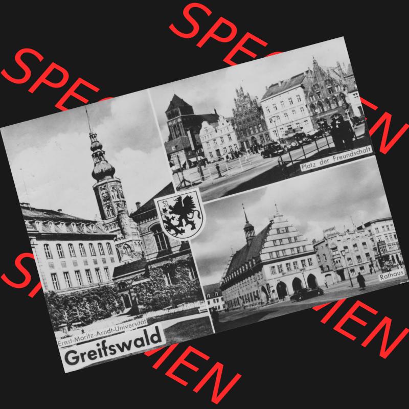 Ansichtskarte mit Ansicht der Stadt Greifswald 1962, Mehrbildkarte Ernst-Moritz-Arndt-Universität, Rathaus, Platz der Freundschaft. Digitales Bildmaterial von Ansichtskarten... Sammlung