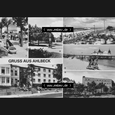 Alte Ansichtskarte der DDR Ahlbeck auf Usedom 1986, Konzertpavillon, Stranduhr, Blick zur Saalbrücke. Digitales Bildmaterial von Ansichtskarten aus der DDR, der Deutschen... Sammlung