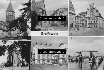 Ansicht der Stadt Greifswald 198x, Mehrbildkarte, Jakobikirche in der Domstraße, Wieker Brücke, Platz der Freundschaft, zum... Sammlung