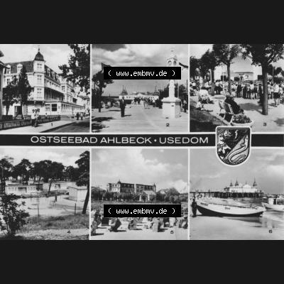 Alte Ansichtskarte der DDR Ahlbeck auf Usedom 1977, An der Seebrücke, Konzertpavillon, Urlauberdorf. Digitales Bildmaterial von Ansichtskarten aus der DDR, der Deutschen... Sammlung