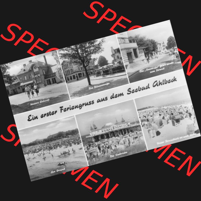 Alte Ansichtskarte der DDR Ahlbeck auf Usedom 1978, Unsere Ankunft, Die Dünenstraße, Am Strand, Die Seebrücke, Mehrbildkarte vom Planet-Verlag Berlin.... Sammlung