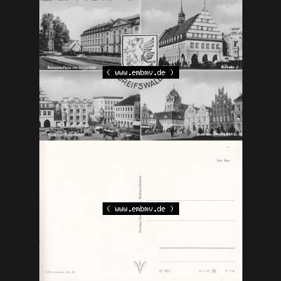 Ansichtskarte mit Ansicht der Stadt Greifswald 1960, Rubenow-Platz mit Universität, Rathaus, Platz der Freundschaft, Heldge-Verlag KG, Köthen/Anhalt.... Sammlung