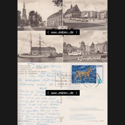 Ansichtskarte mit Ansicht der Stadt Greifswald 1966, Rubenow-Platz, Seesportschule Segelschiff Wilhelm Pieck, Rathaus und Platz der Freundschaft, Heldge-Verlag KG Köthen/Anhalt.... Sammlung
