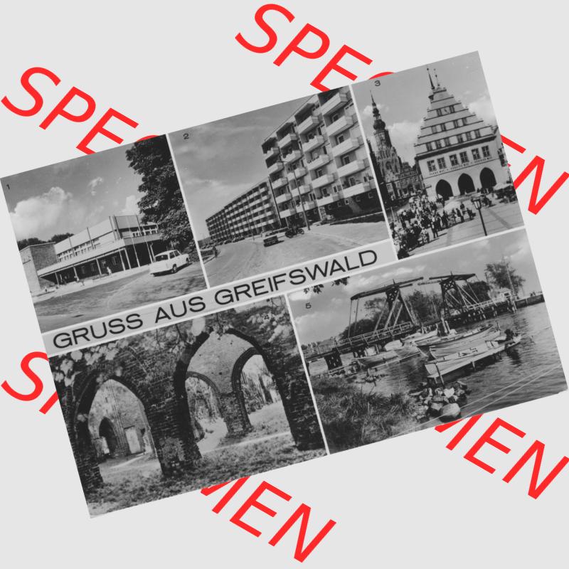Ansichtskarte mit Ansicht der Stadt Greifswald 1976, Schönewalde, Rathaus, Gaststätte Boddenhus, Klosterruine. Digitales Bildmaterial von Ansichtskarten aus der... Sammlung