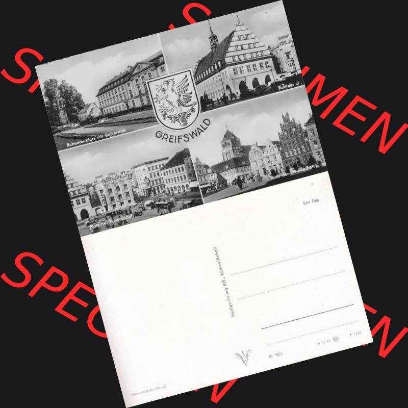 Ansichtskarte mit Ansicht der Stadt Greifswald 1960, Rubenow-Platz mit Universität, Rathaus, Platz der Freundschaft, Heldge-Verlag KG, Köthen/Anhalt.... Sammlung