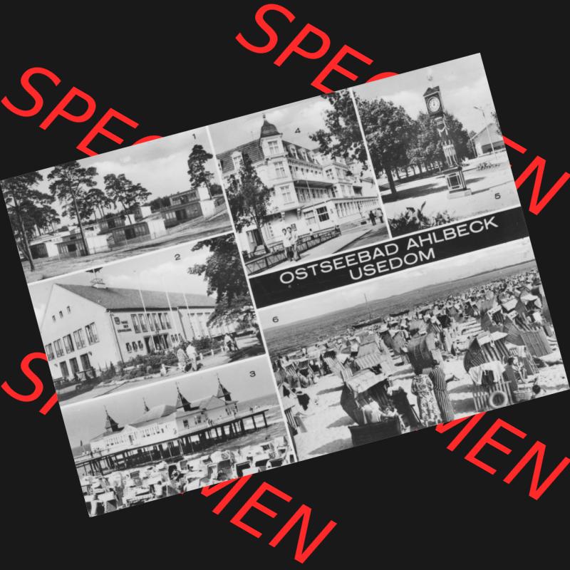 Alte Ansichtskarte der DDR Ahlbeck auf Usedom 1980, FDGB Urlauberdorf, Seebrücke am Meer, Konzertplatz, Strand. Digitales Bildmaterial von Ansichtskarten aus der DDR,... Sammlung