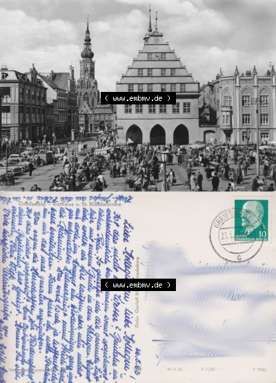 Ansicht der Stadt Greifswald 1962-1963, Rathaus und Nikolaikirche, Gebr. Garloff KG - Magdeburg, zum herunterladen freigegeben Sammlung