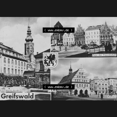 Ansichtskarte mit Ansicht der Stadt Greifswald 1962, Mehrbildkarte Ernst-Moritz-Arndt-Universität, Rathaus, Platz der Freundschaft. Digitales Bildmaterial von Ansichtskarten... Sammlung