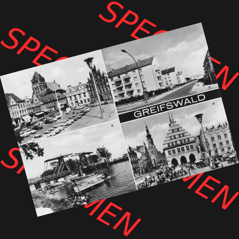 Ansichtskarte mit Ansicht der Stadt Greifswald 1971, Mehrbildkarte, Platz der Freundschaft, Max-Hagen-Weg, Wieker Brücke. Digitales Bildmaterial von Ansichtskarten aus... Sammlung