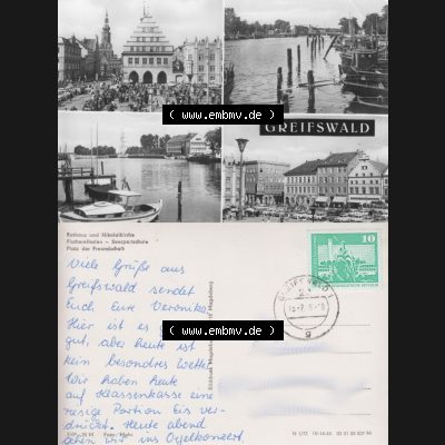 Ansichtskarte mit Ansicht der Stadt Greifswald 1972, Rathaus und Nikolaikirche, Fischereihafen - Seesportschule, Verlag Bilddruck Magdeburg - 3018 Magedeburg. Digitales Bildmaterial... Sammlung