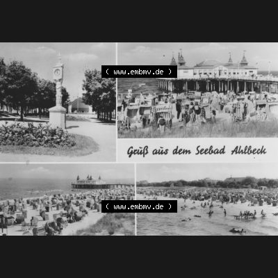 Alte Ansichtskarte der DDR Ahlbeck auf Usedom 1972, Stranduhr, Seebrücke, Strand, VEB Graphokopie - 1071 Berlin. Digitales Bildmaterial von Ansichtskarten aus der DDR,... Sammlung