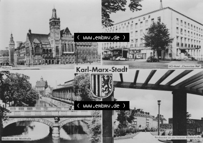 Ansichtskarte Foto-Ansicht DDR, Stadt Karl-Marx-Stadt 1961, Rathaus, HO-Hotel, Brücke an der Marktstraße, zum herunterladen... Sammlung
