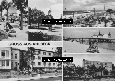 Ansichtskarte der DDR Ahlbeck auf Usedom 1986, Konzertpavillon, Stranduhr, Blick zur Saalbrücke, zum herunterladen freigegeben Sammlung