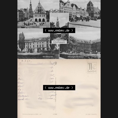 Ansichtskarte mit Ansicht der Stadt Greifswald 1960, Greifswalder Rathaus, Platz der Freundschaft, Universität, Verlag Erhard Neubert KG. Digitales Bildmaterial von... Sammlung
