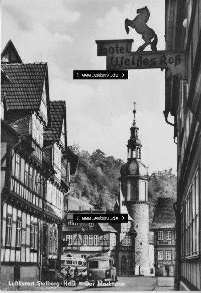 Heldge-Verlag Köthen/Anhalt, 1960er, 1969, Einbildkarte mit Alten Kleinbus in Luftkurort Stolberg im Harz, Marktturm, zum herunterladen... Sammlung