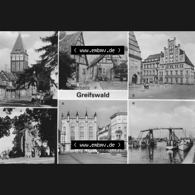 Ansichtskarte mit Ansicht der Stadt Greifswald 198x, Mehrbildkarte, Jakobikirche in der Domstraße, Wieker Brücke, Platz der Freundschaft. Digitales Bildmaterial... Sammlung