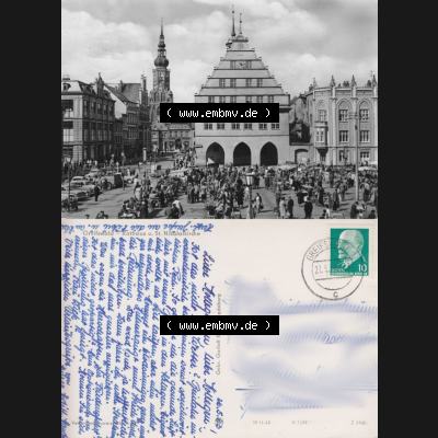 Ansichtskarte mit Ansicht der Stadt Greifswald 1962-1963, Rathaus und Nikolaikirche, Gebr. Garloff KG - Magdeburg. Digitales Bildmaterial von Ansichtskarten aus der DDR,... Sammlung